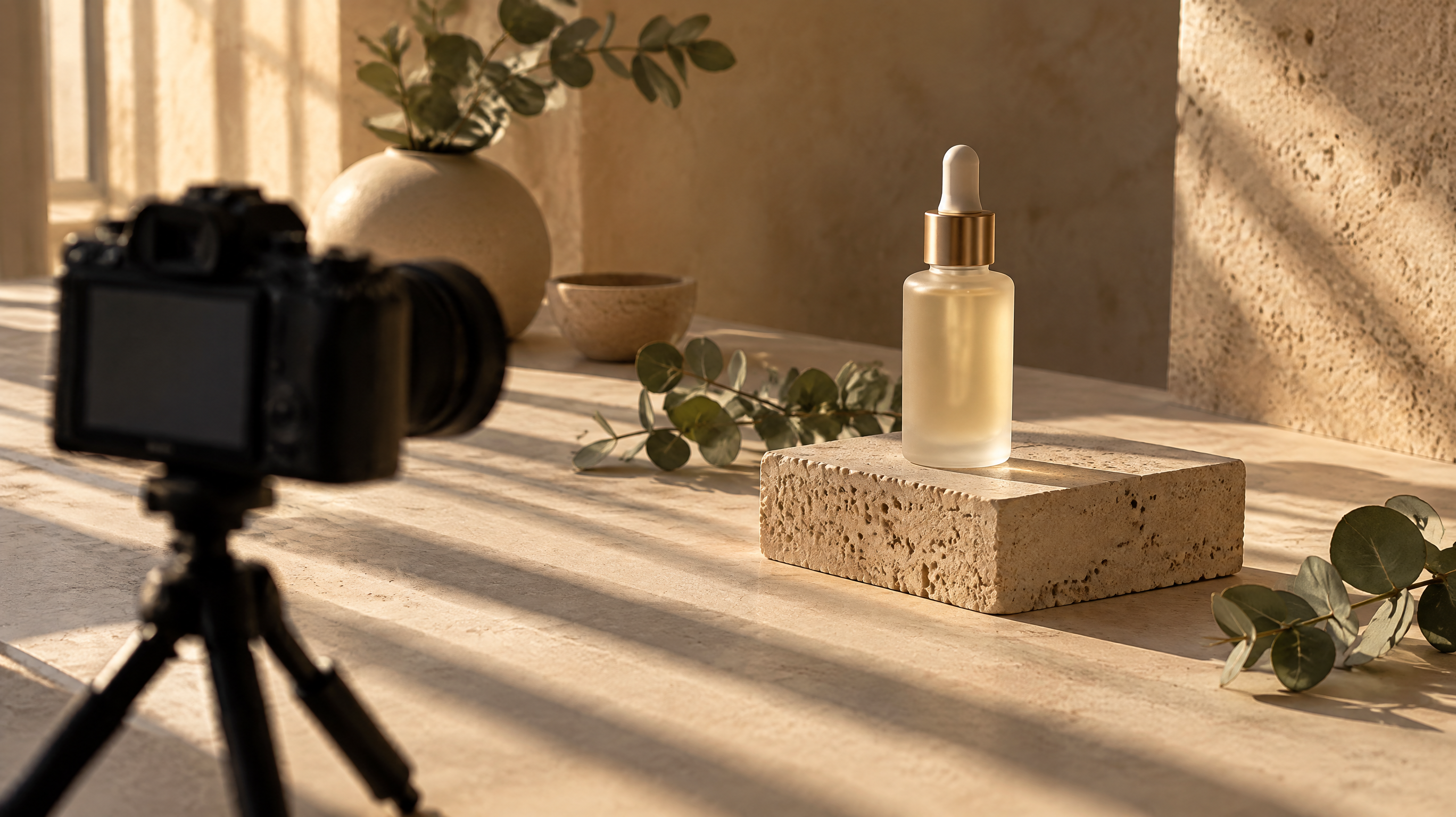 Editorial photograph of a minimalist creative workspace: a frosted glass serum bottle on a travertine block lit by warm side sunlight, with a softly blurred camera on a small tripod pointed at it. Fil