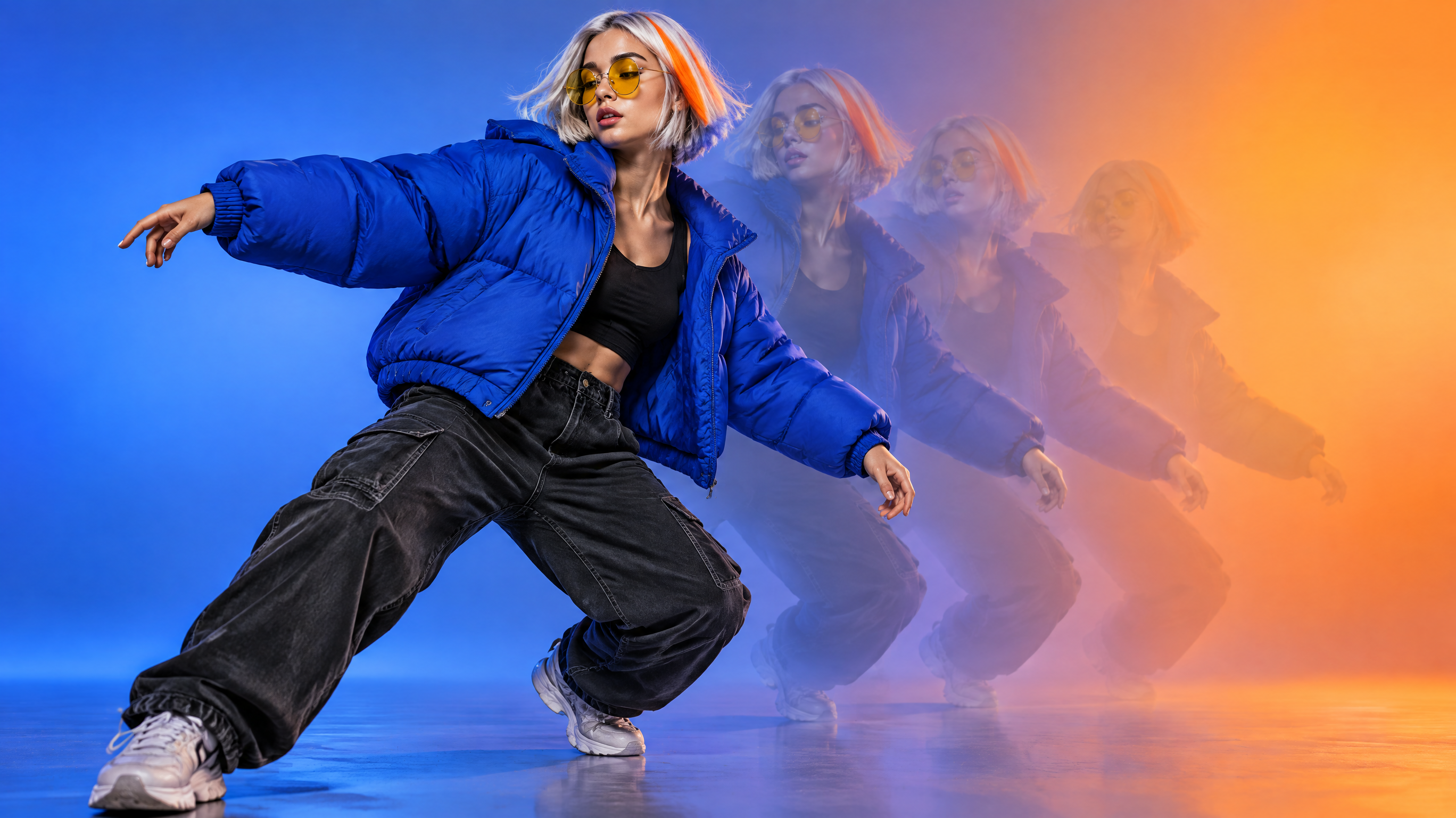 Editorial photo-illustration of a stylish fictional young woman with a silver bob with a neon-orange streak, round yellow-tinted glasses and an oversized cobalt-blue puffer jacket, caught mid-dance mo