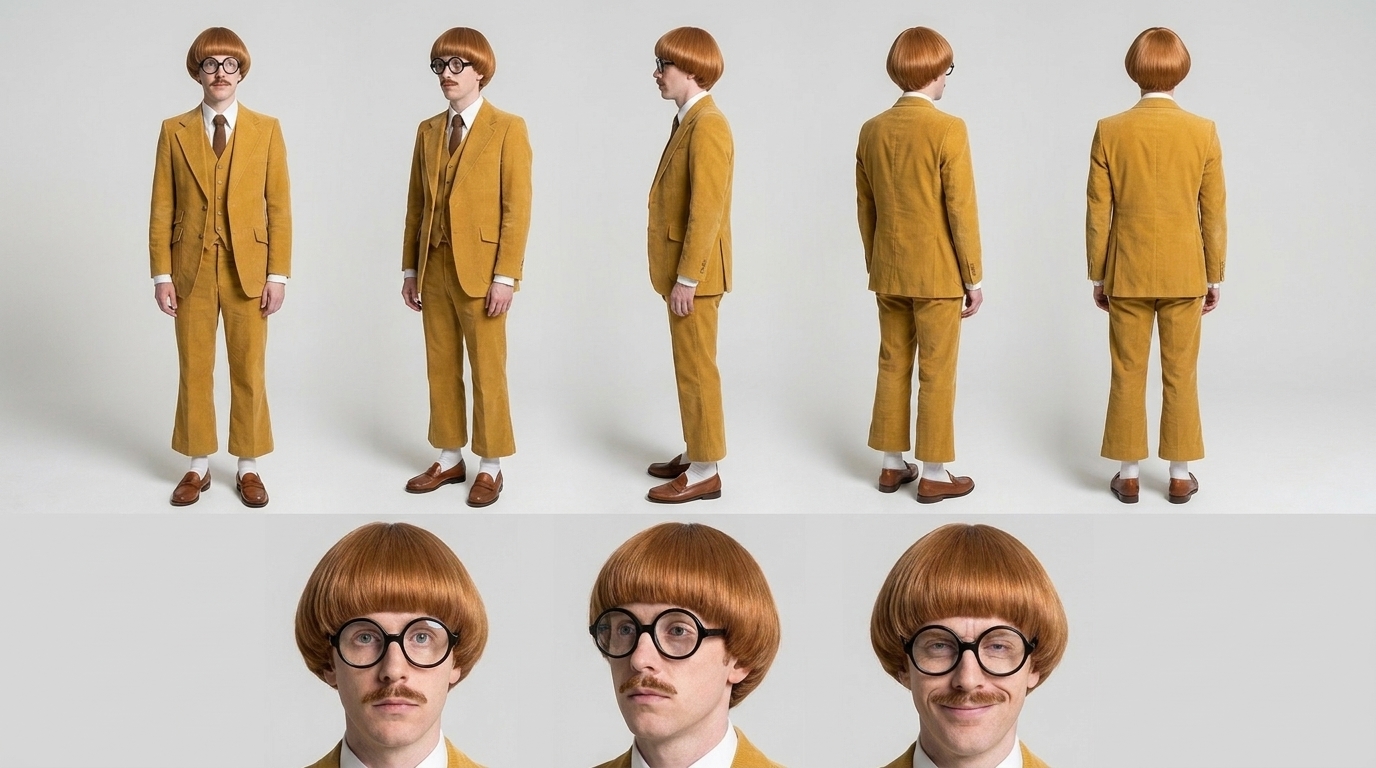 Character reference sheet: five full-body angles and three close-ups, made from the master image