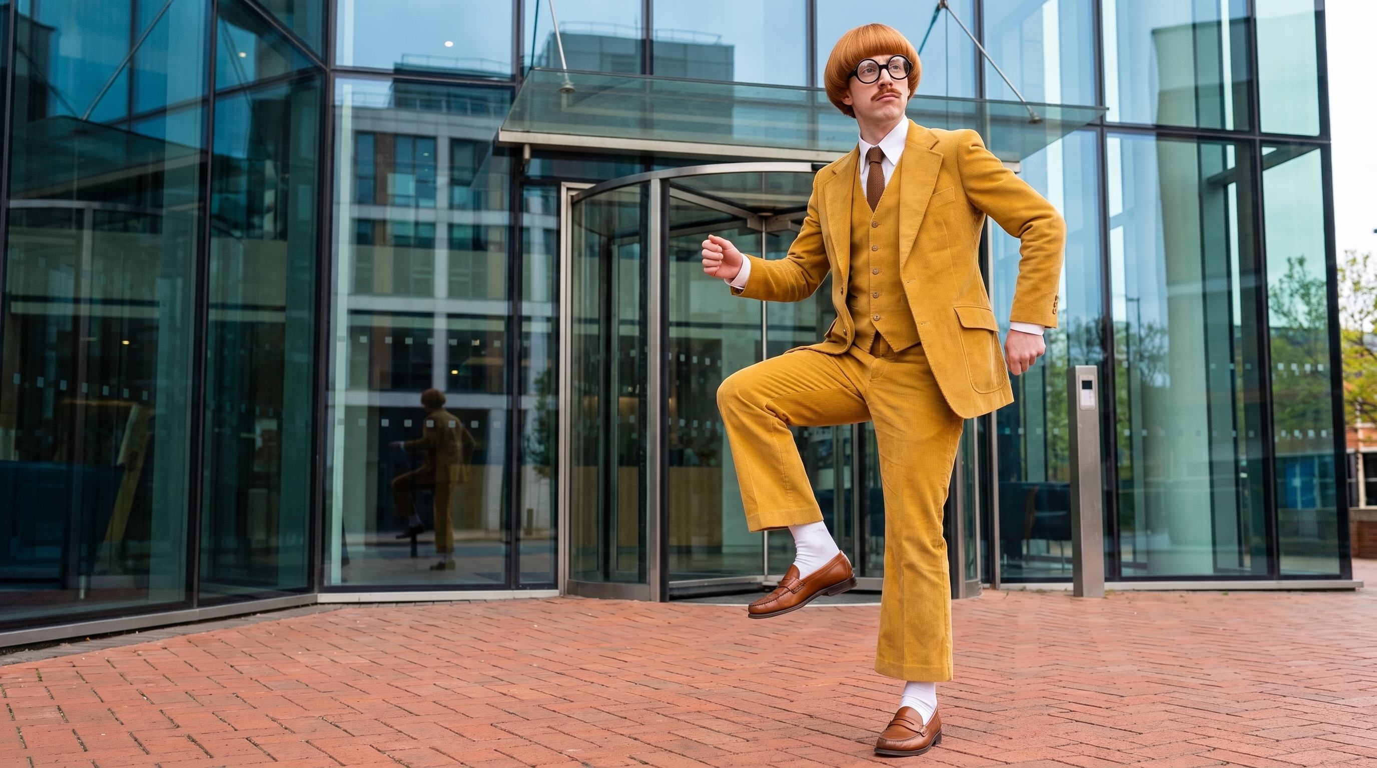 The exact man from the image, same face, copper-ginger helmet bowl cut, round thick black glasses, thin pencil moustache and mustard-yellow corduroy three-piece suit with white shirt, brown tie, white